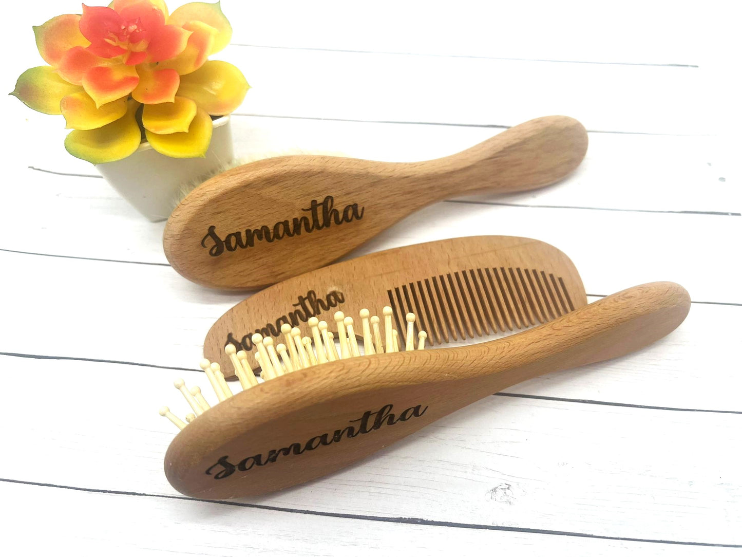 Baby Hair Brush and Comb Set (4-Piece) for Newborn - Wooden Baby Hairbrush Set with name/ Personalized