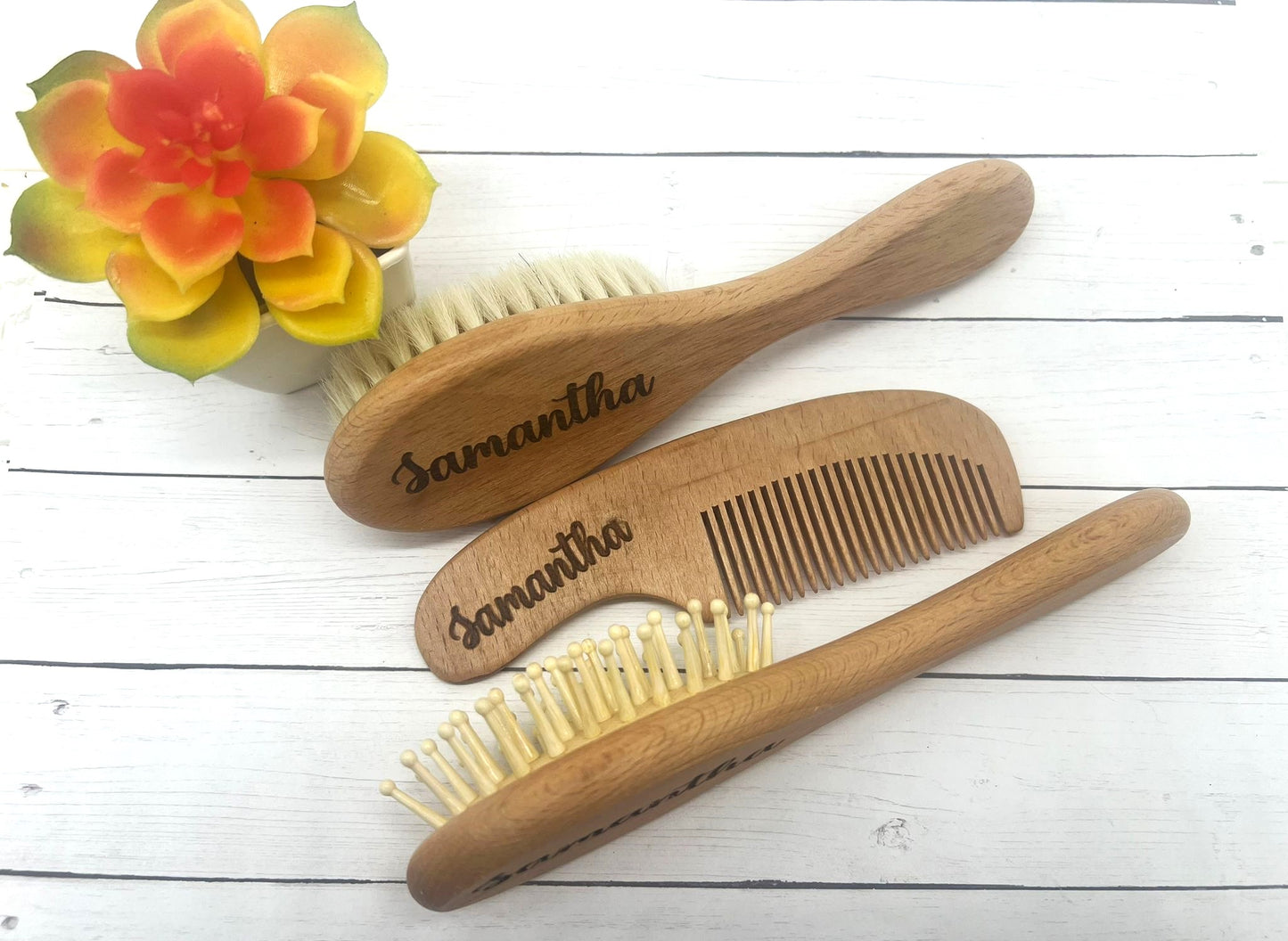 Baby Hair Brush and Comb Set (4-Piece) for Newborn - Wooden Baby Hairbrush Set with name/ Personalized